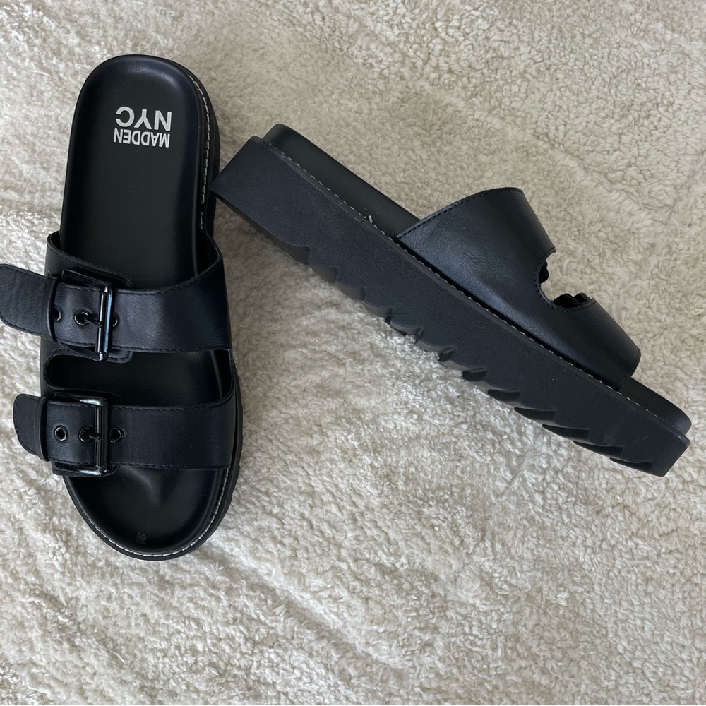 NWOT Madden NYC Black Double Buckle Flatforms Sz 8.5 - Picture 4 of 11